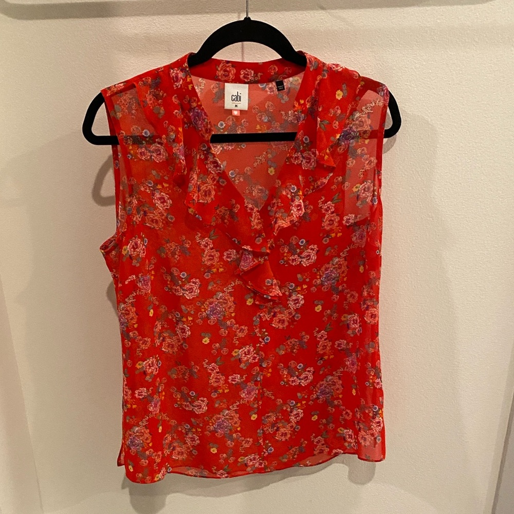CAbi Vibrant Red Sheer Floral Blouse - Picture 3 of 3